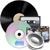 Symbolgrafik mit Schallplatte, CDs, einer Kassette, einem Filmstreifen und einem Lautsprecher als Darstellung verschiedener Audio- und Medienformate.