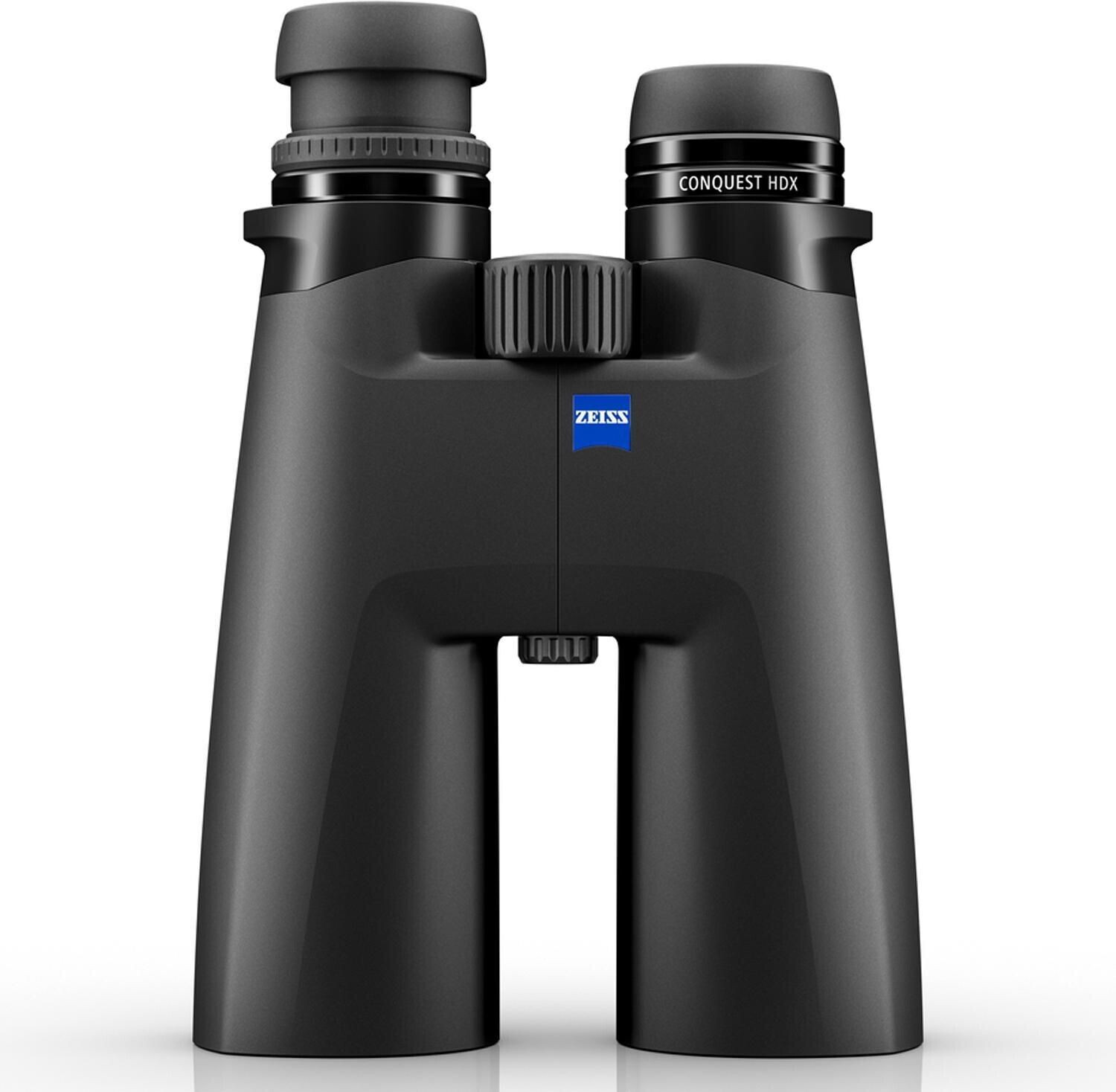 Ein großes, schwarzes ZEISS Conquest HDX 15x56 Fernglas in der Frontalansicht, freigestellt auf einem weißen Hintergrund mit einer leichten Spiegelung darunter. Das Modell besitzt markant verlängerte Objektivtuben. Im Zentrum der robusten Brücke ist das q