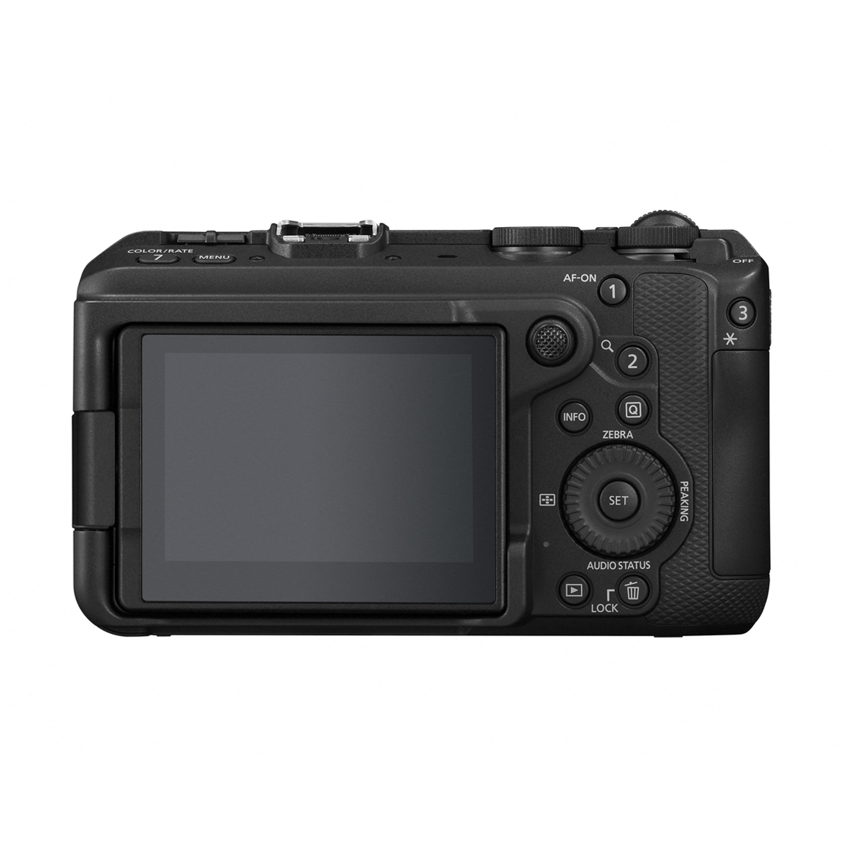 Gerade Rückansicht des Canon EOS R6 V Kameragehäuses mit geschlossenem, flachen LCD-Bildschirm, ergonomischem Tastenlayout, Daumenrad und Multicontroller ohne elektronischen Sucher auf weißem Hintergrund.