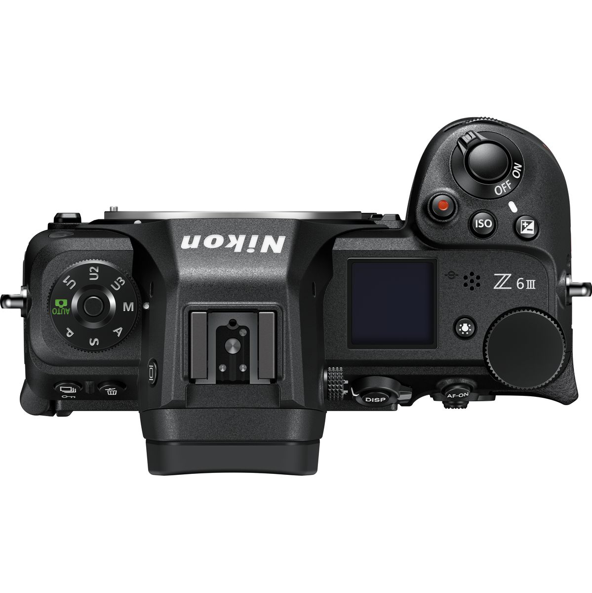 Direkte Draufsicht auf das Gehäuse einer schwarzen Nikon Z6 III Systemkamera vor weißem Hintergrund mit detaillierter Sicht auf die Gehäuseoberseite inklusive Z6 III-Modellprägung, mechanischem Modus-Wahlrad, Schulterdisplay, ISO-Taste und dem Auslöser.