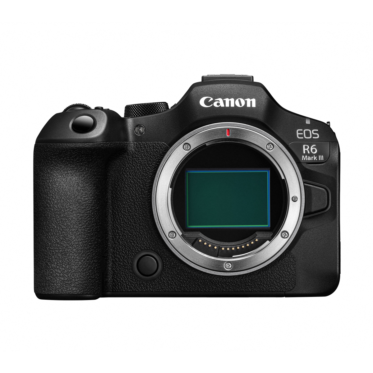Schwarze Canon EOS R6 Mark III Systemkamera ohne Objektiv in Frontansicht mit sichtbarem Bildsensor und RF-Bajonett auf weißem Hintergrund.
