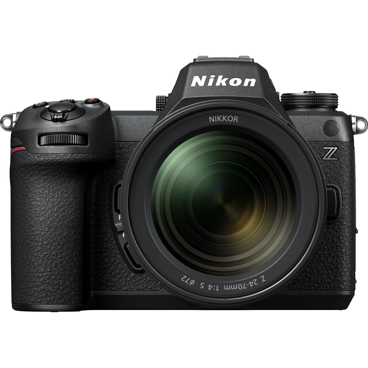 Direkte Frontansicht einer schwarzen Nikon Z6 II Systemkamera vor weißem Hintergrund mit montiertem NIKKOR Z 24-70mm f/4 S Zoom-Objektiv, geschlossenem LCD-Bildschirm und dem markanten Nikon-Schriftzug auf dem klassischen Sucherhügel.