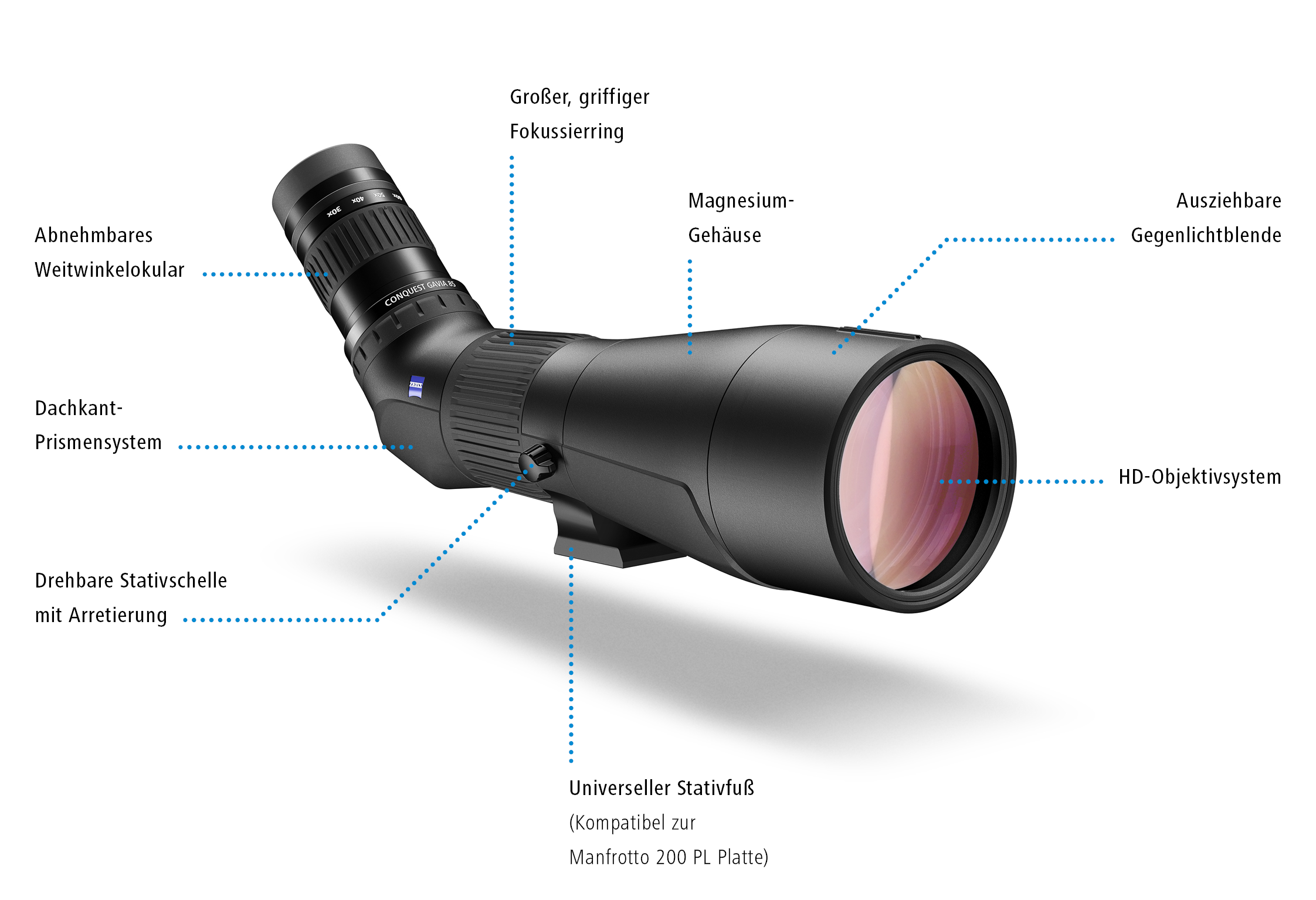 Eine übersichtliche Produktgrafik des mattschwarzen ZEISS Conquest Gavia 85 Premium-Spektivs mit Schrägeinblick, schräg von der Seite vor einem rein weißen Hintergrund abgebildet [image_DGk79J.png]. Das Gehäuse ist mit insgesamt sieben feinen, blauen gest