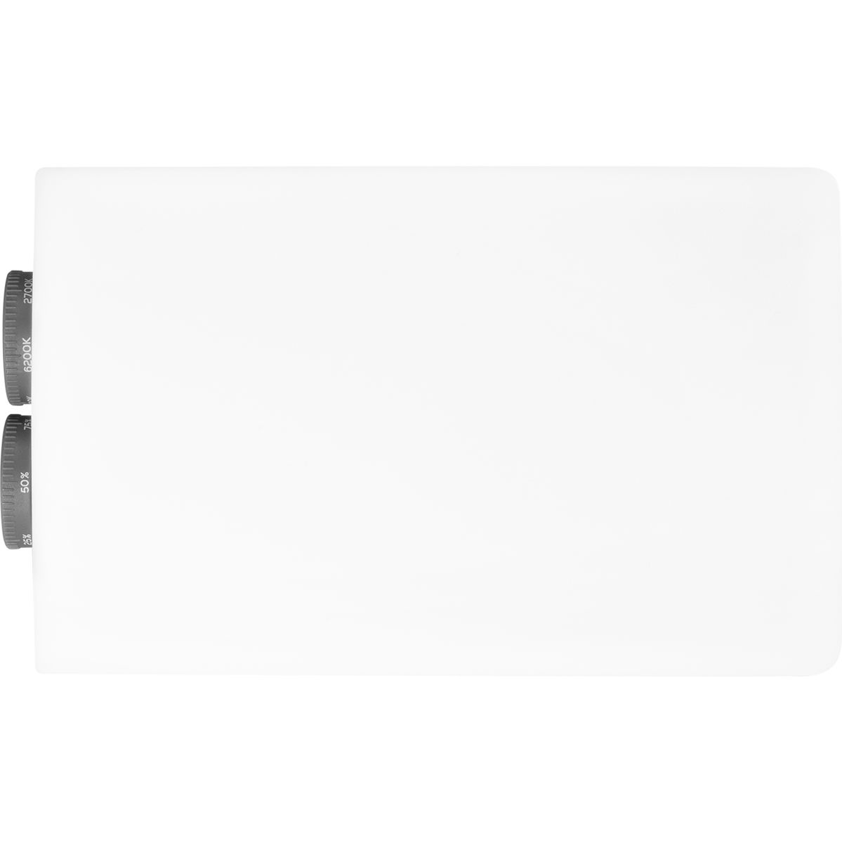 Die frontale Vorderansicht des weißen Zhiyun Cinepeer CM25 LED-Dauerlichts vor weißem Hintergrund mit direktem Blick auf die matte, komplett weiße Diffusorfläche des LED-Panels, an dessen linkem Rand die zwei grauen Einstellräder hervorstehen.