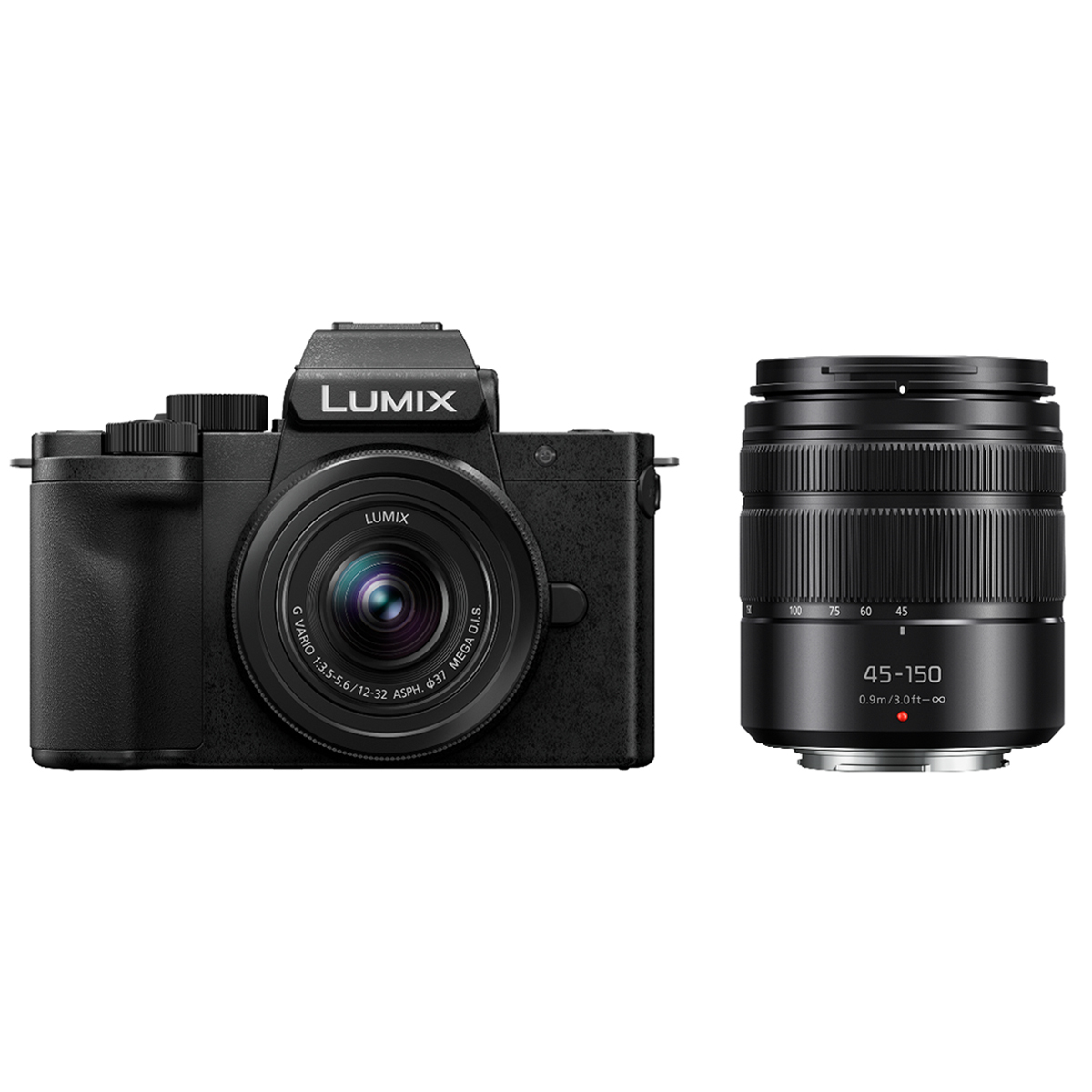 Schwarze Panasonic LUMIX Systemkamera mit kompaktem Objektiv neben einem separaten 45–150-mm-Zoomobjektiv auf weißem Hintergrund.
