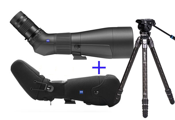 Ein dreiteiliges Produktset der Marke ZEISS auf weißem Hintergrund, bestehend aus einem großen, schwarzen ZEISS Victory Harpia Spektiv mit Schrägeinblick oben links. Darunter befindet sich die maßgeschneiderte, schwarze Neopren-Bereitschaftstasche (Stay-o