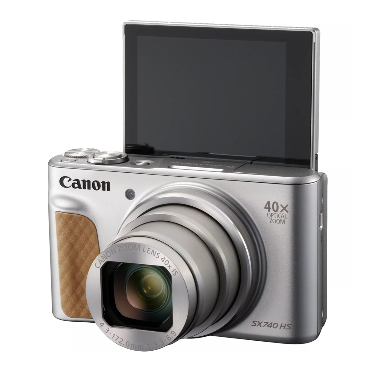 Canon PowerShot SX740 HS Kompaktkamera in Silber mit ausgefahrenem Zoomobjektiv und hochgeklapptem Display, schräg von vorne auf weißem Hintergrund.