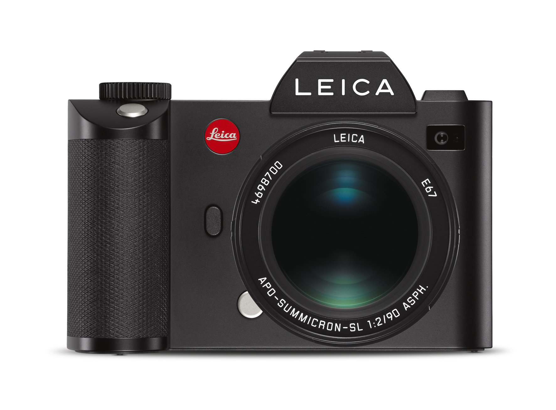 Frontansicht einer schwarzen Leica Systemkamera mit angesetztem APO-Summicron-SL Objektiv, großer sichtbarer Frontlinse, rotem Leica-Logo und strukturiertem Handgriff vor weißem Hintergrund.