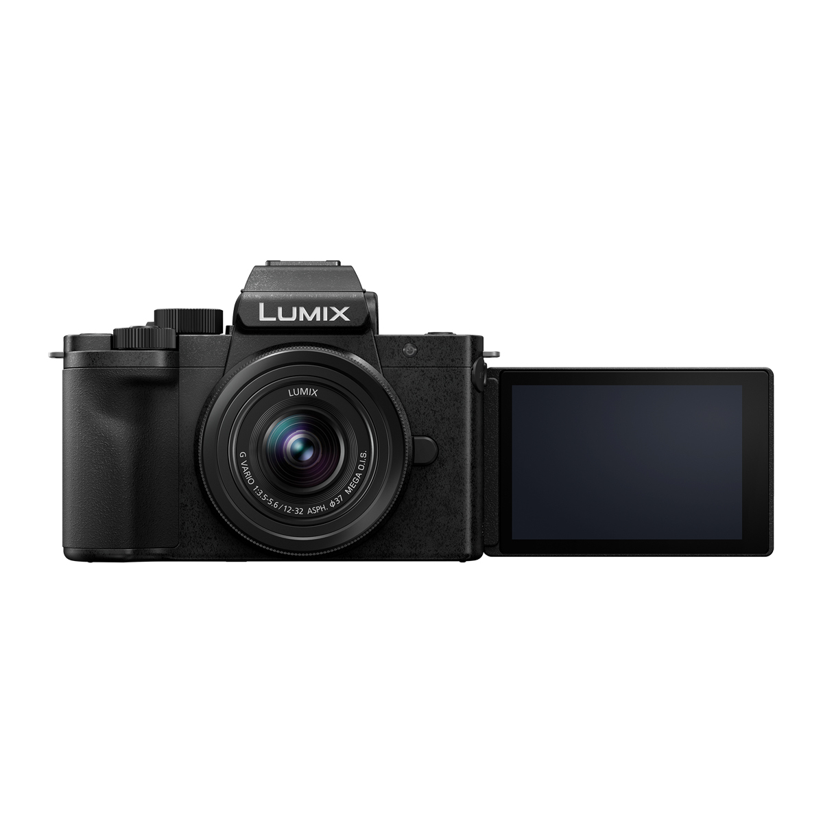 Schwarze Panasonic LUMIX Systemkamera mit kompaktem Objektiv und seitlich ausgeklapptem Display in frontaler Ansicht auf weißem Hintergrund.
