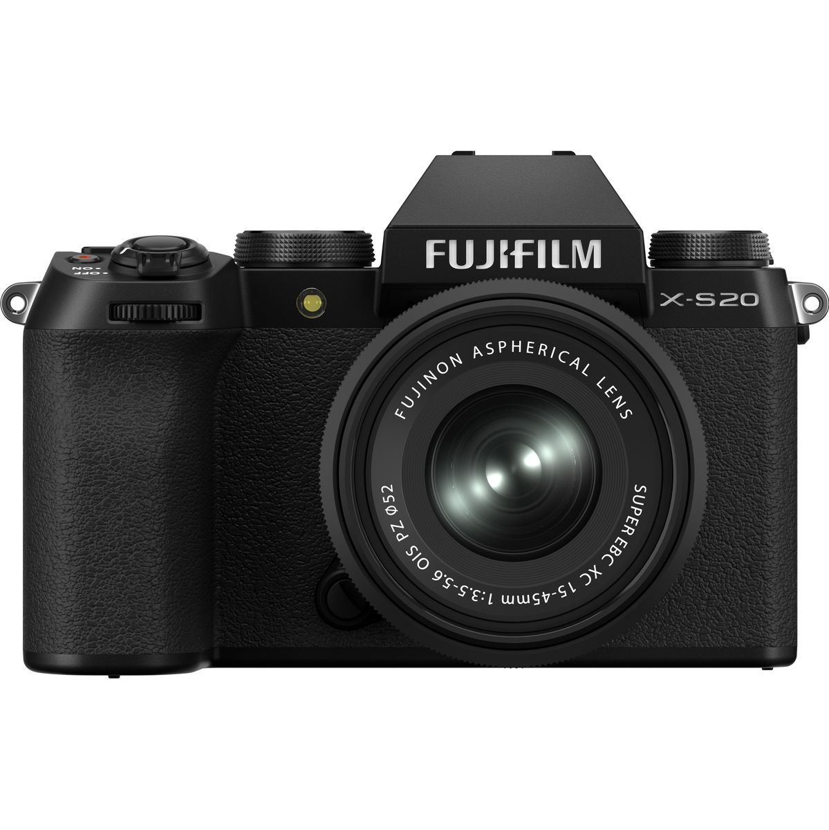 Schwarze Fujifilm X-S20 spiegellose Systemkamera in der direkten Frontalansicht vor weißem Hintergrund, mit aufgesetztem schwarzen Fujinon XC 15-45mm f/3.5-5.6 OIS PZ Zoom-Objektiv, weißem Fujifilm-Schriftzug auf dem Prisma und X-S20 Modellbezeichnung auf