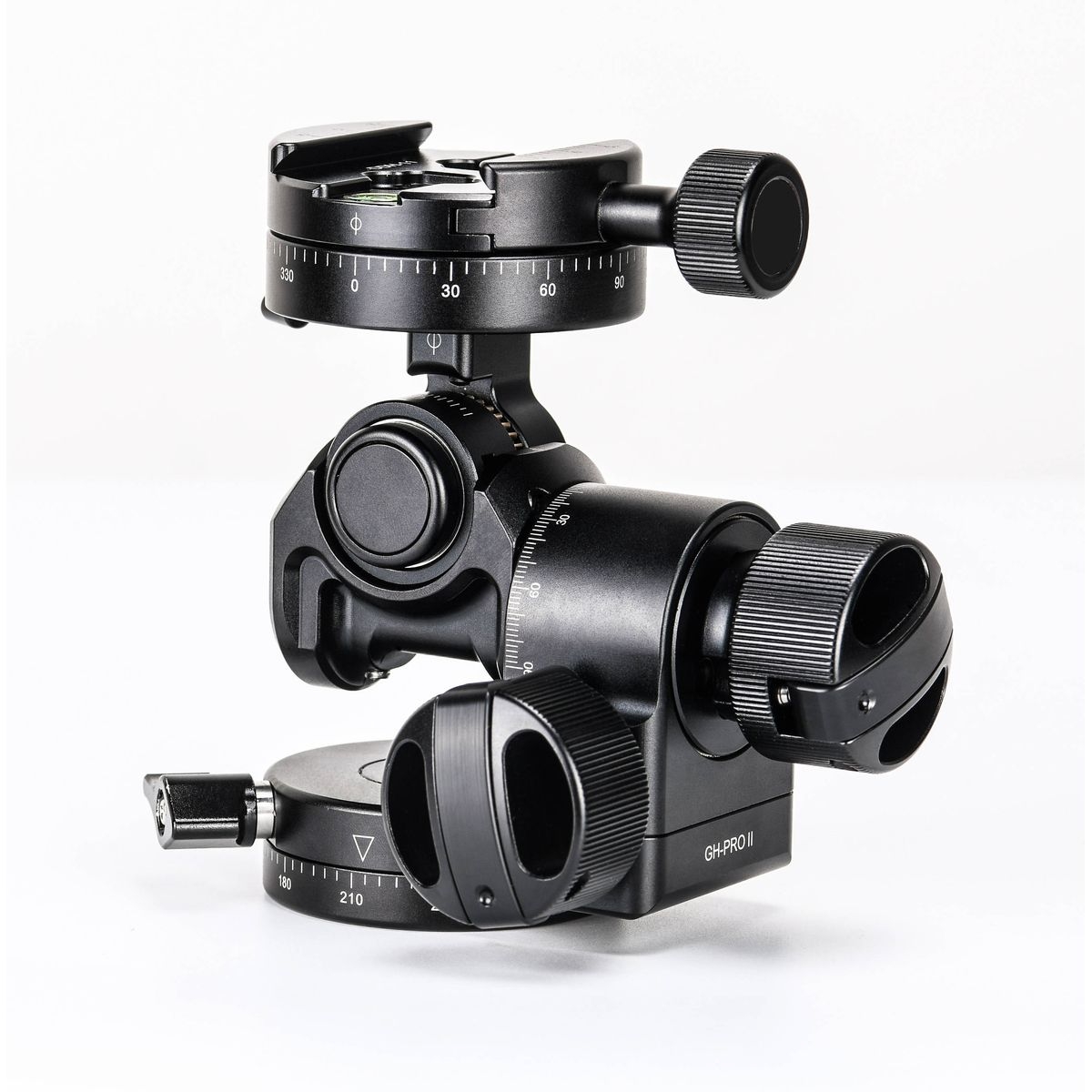 Ein schwarzer Sunwayfoto GH-PRO II Getriebeneiger aus Metall in einer schrägen Dreiviertelansicht vor weißem Hintergrund mit der eingravierten Modellbezeichnung „GH-PRO II“ an der Gehäuseseite, großen Einstellknöpfen und einer Panoramaklammer mit Gradskal