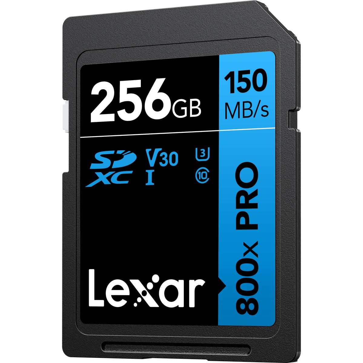 Lexar Professional 800x SDXC-Speicherkarte mit 256 GB Kapazität, V30-Klassifizierung und bis zu 150 MB/s Lesegeschwindigkeit vor weißem Hintergrund.