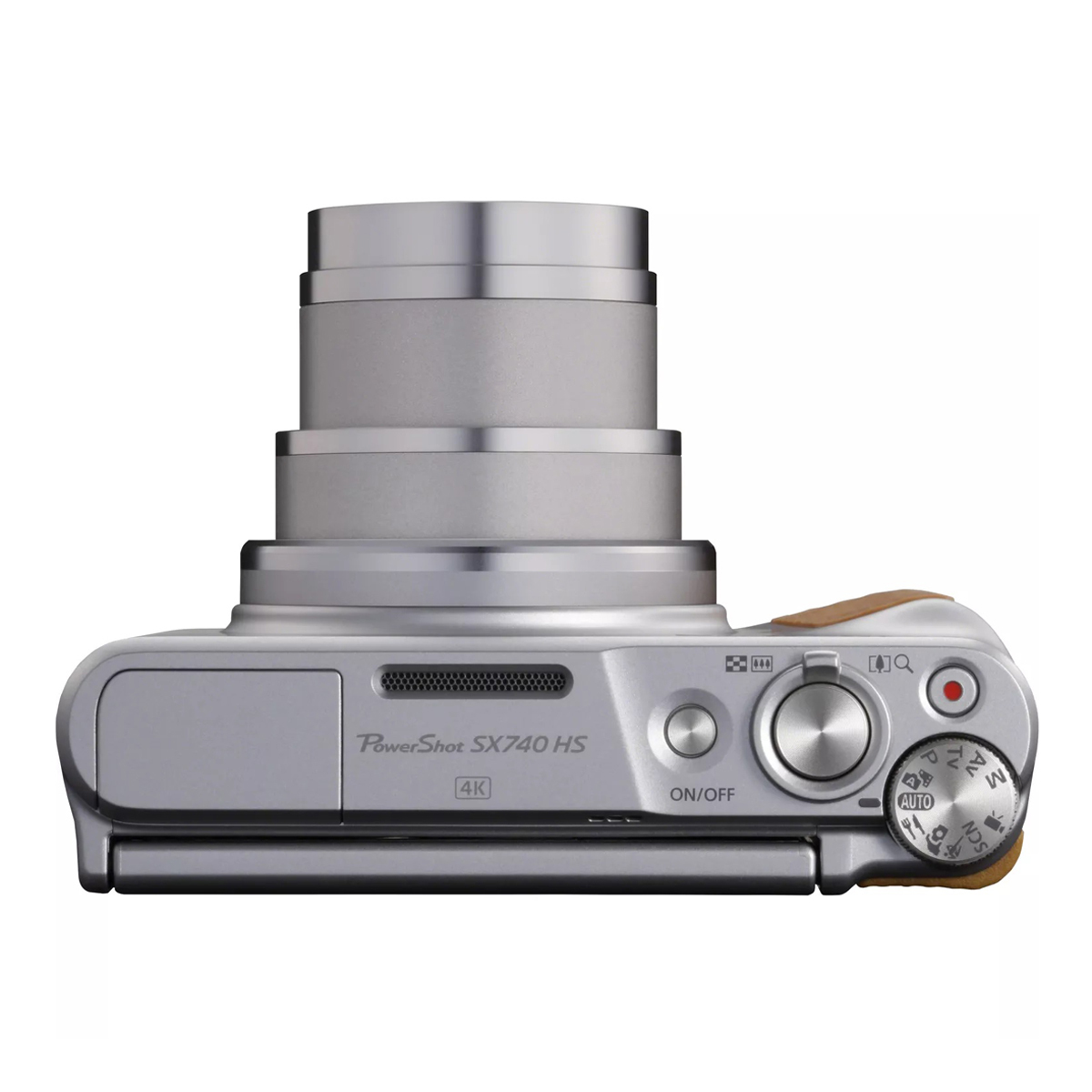 Canon PowerShot SX740 HS Kompaktkamera in Silber, Ansicht von oben mit ausgefahrenem Zoomobjektiv, Auslöser und Moduswahlrad auf weißem Hintergrund.