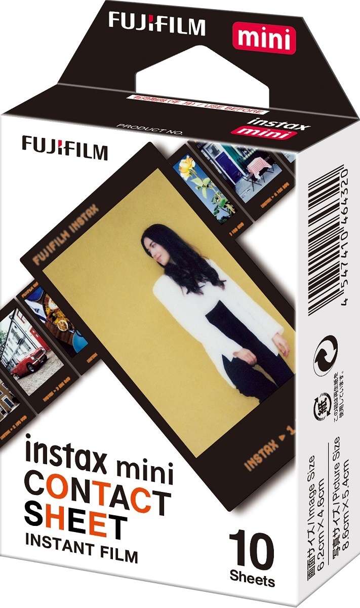 Verpackung des Fujifilm Instax Mini Contact Sheet Sofortbildfilms mit 10 Aufnahmen. Die Schachtel zeigt Beispielbilder im Kontaktbogen-Stil sowie das Instax-Mini-Logo.