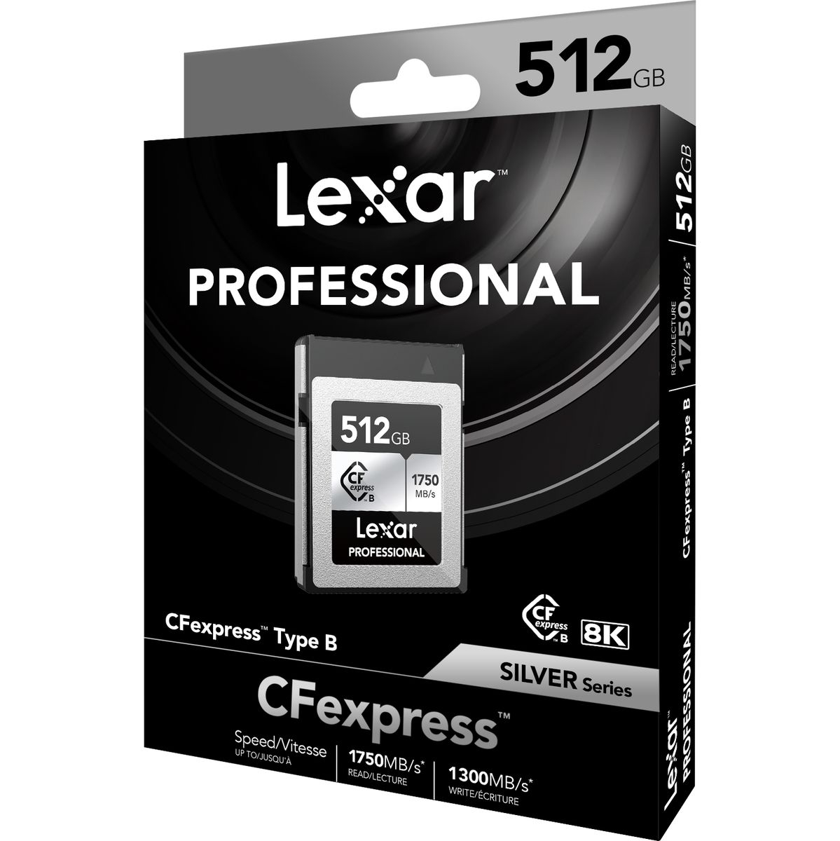 Verpackung einer Lexar Professional CFexpress Typ B Speicherkarte mit 512 GB Kapazität aus der SILVER Series und Unterstützung für 8K-Video.