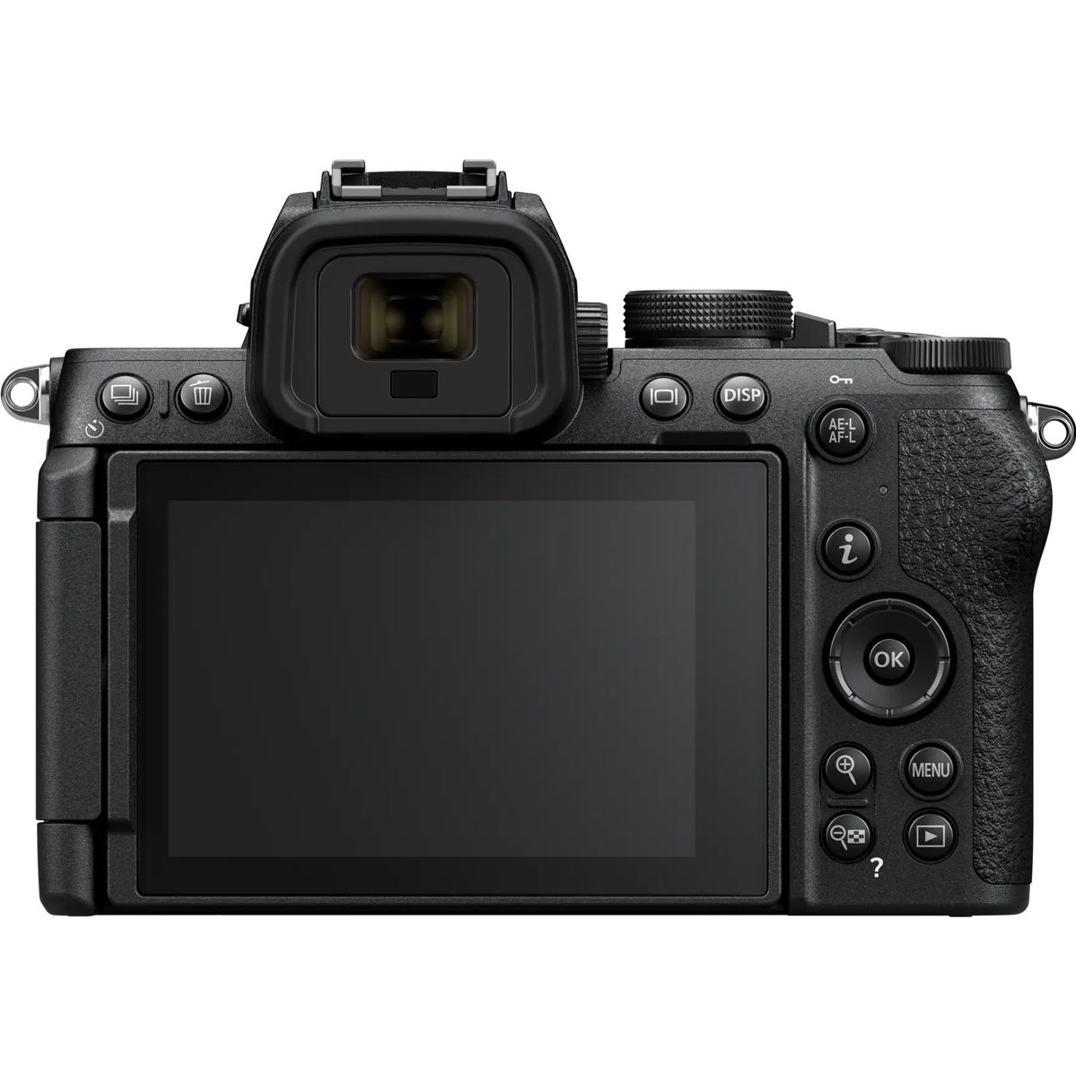 Direkte Rückansicht einer schwarzen Nikon Z50 II Systemkamera vor weißem Hintergrund mit geschlossenem, ausgeschaltetem LCD-Display, elektronischem Sucher (EVF) sowie der rechtsseitigen Tastenbelegung samt i-Menütaste, Steuerkreuz, Wiedergabetaste und sep