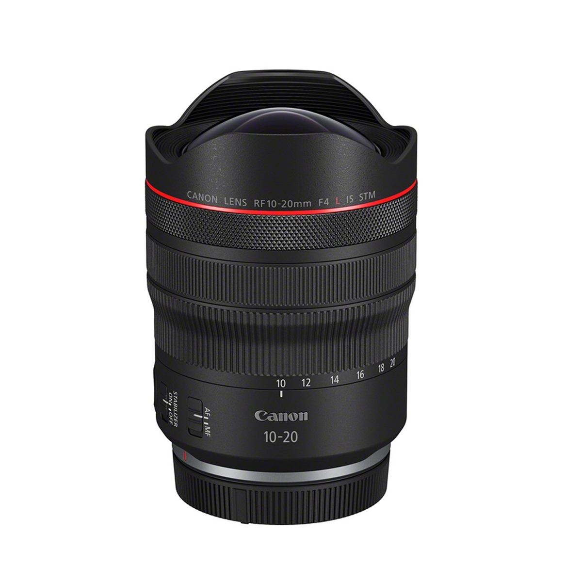 Canon RF 10–20 mm Weitwinkel-Zoomobjektiv mit gewölbter Frontlinse, integrierter Gegenlichtblende und rotem Akzentring auf weißem Hintergrund.