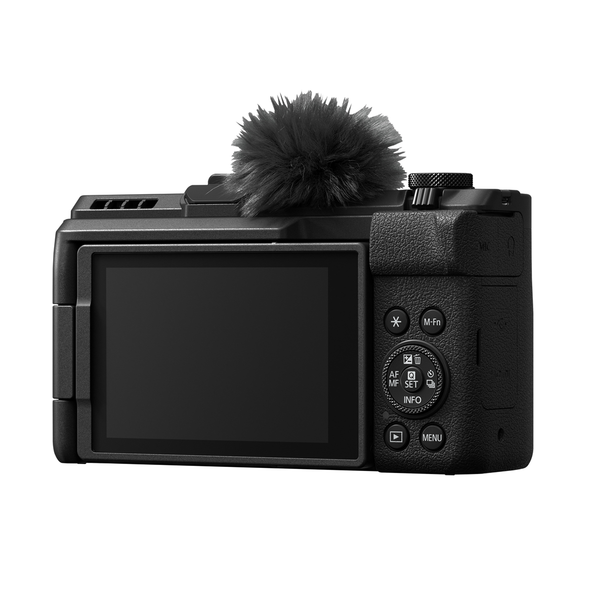 Rückansicht einer schwarzen Canon Kompaktkamera mit großem Display, Bedientasten und aufgesetztem Windschutz-Mikrofon auf weißem Hintergrund.