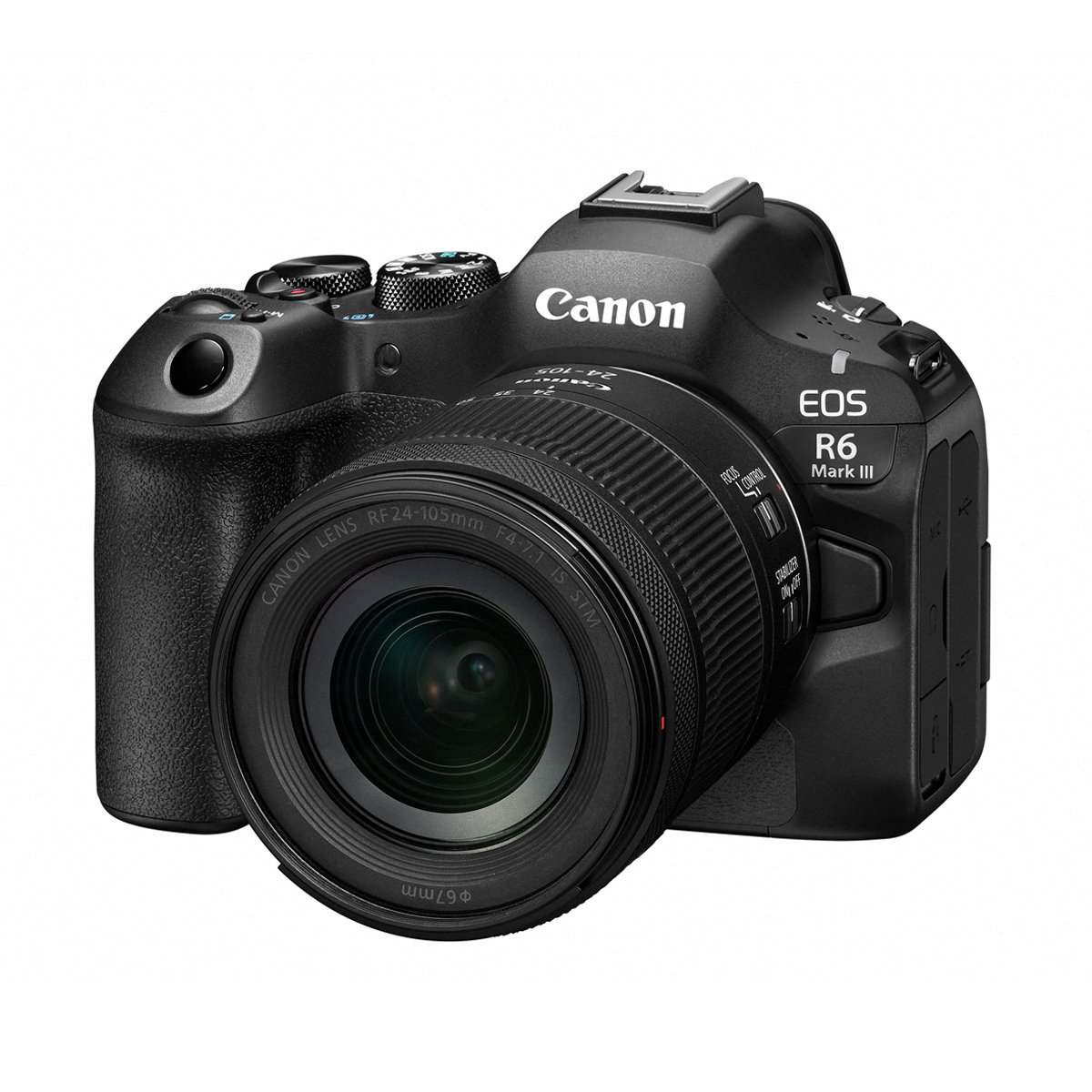 Schräge Frontansicht der Canon EOS R6 Mark II spiegellosen Vollformatkamera mit angesetztem Canon RF 24-105mm f/4-7.1 IS STM Zoomobjektiv vor weißem Hintergrund.