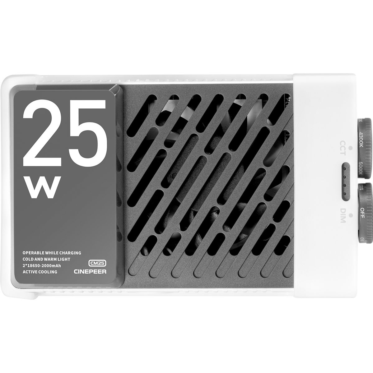 Das kompakte Zhiyun Cinepeer CM25 LED-Dauerlicht in der horizontalen Rückansicht vor weißem Hintergrund mit einer großen, dunkelgrauen Kappe auf der linken Seite, auf der die Leistungsangabe „25 W“ aufgedruckt ist, diagonalen Lüftungsschlitzen in der Mitt