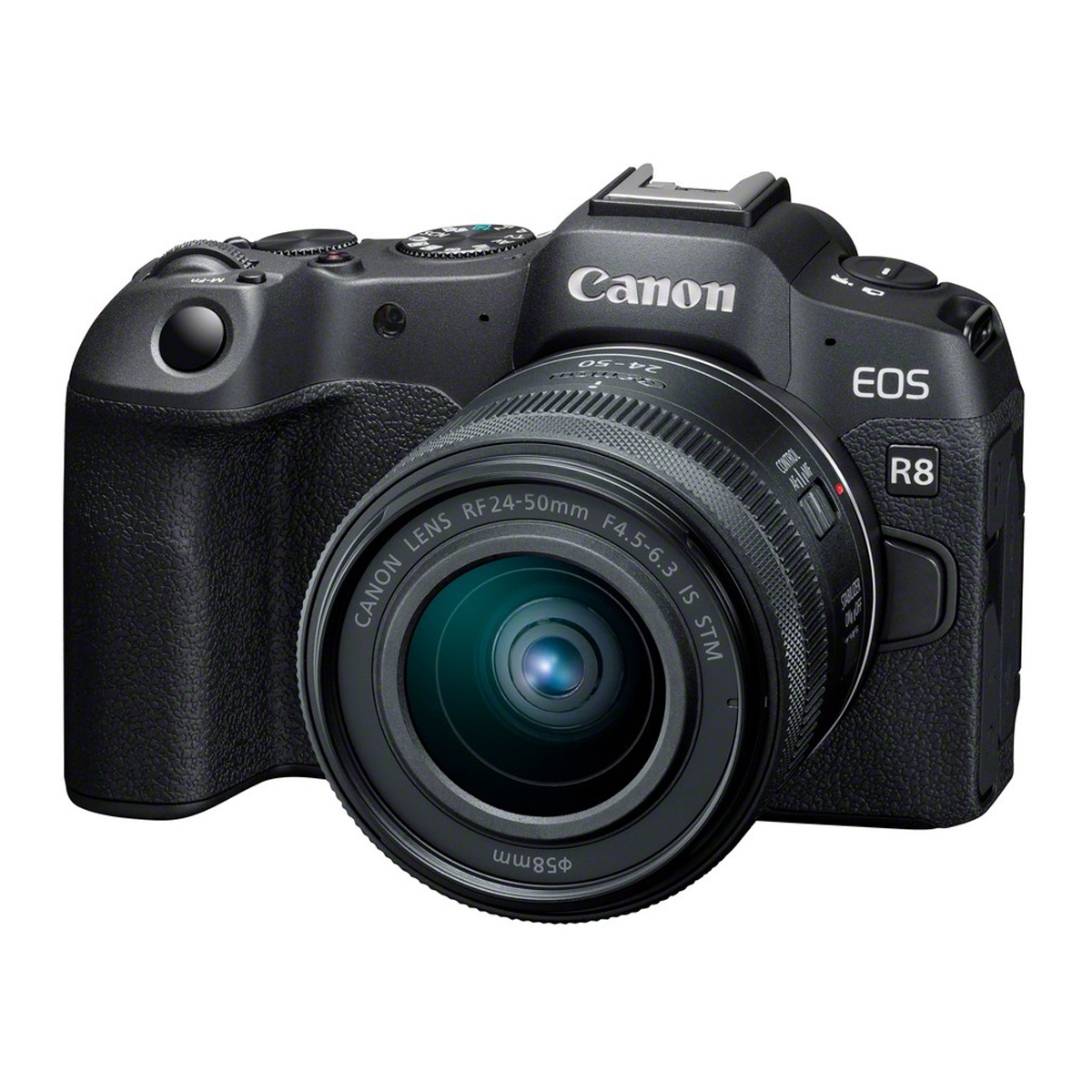 Canon EOS R8 spiegellose Vollformatkamera mit Objektiv in schräger Frontansicht