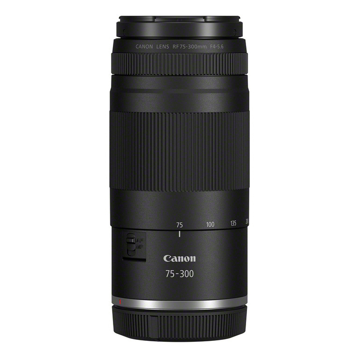 Canon RF 75–300 mm Telezoomobjektiv in Schwarz mit Zoomring, Fokusring und Brennweitenskala auf weißem Hintergrund.