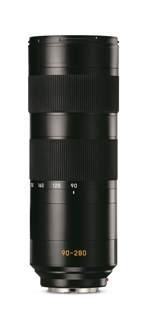 Schwarzes Telezoomobjektiv mit Brennweitenbereich 90–280 mm, breiten geriffelten Einstellringen und sichtbarer Brennweitenskala vor weißem Hintergrund.