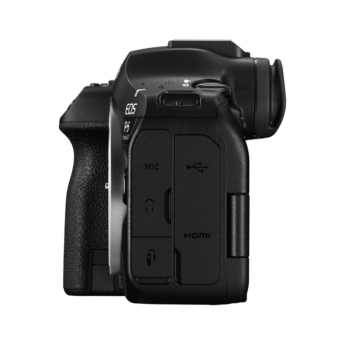 Seitenansicht des Canon EOS R6 Mark II Kameragehäuses mit geschlossenen Schutzabdeckungen für die Anschlüsse wie HDMI, USB-C, Mikrofon und Kopfhörer vor weißem Hintergrund.