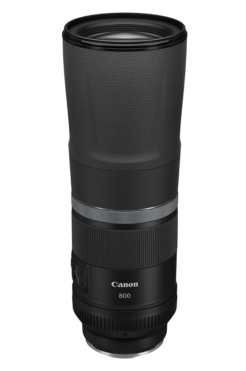 Canon RF 800mm Teleobjektiv in Schwarz – schräge Frontansicht