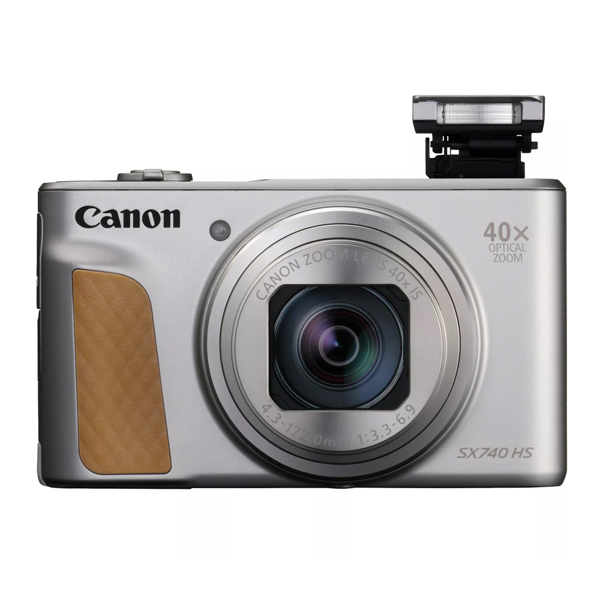 Canon Kompaktkamera in Silber mit 40-fach optischem Zoom und ausgeklapptem Blitz, Frontansicht auf weißem Hintergrund.