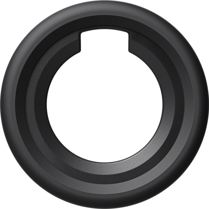 Direkte Frontansicht der kreisrunden, schwarzen Nikon DK-33 Augenmuschel vor weißem Hintergrund mit einer markanten rechteckigen Gehäuseaussparung am oberen Innenrand des Gummirings.