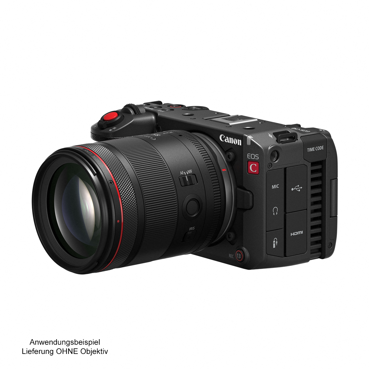 Canon EOS C Cinema-Kamera mit angesetztem Canon RF L-Objektiv, schräg von vorne auf weißem Hintergrund; Hinweis: Anwendungsbeispiel, Lieferung ohne Objektiv.