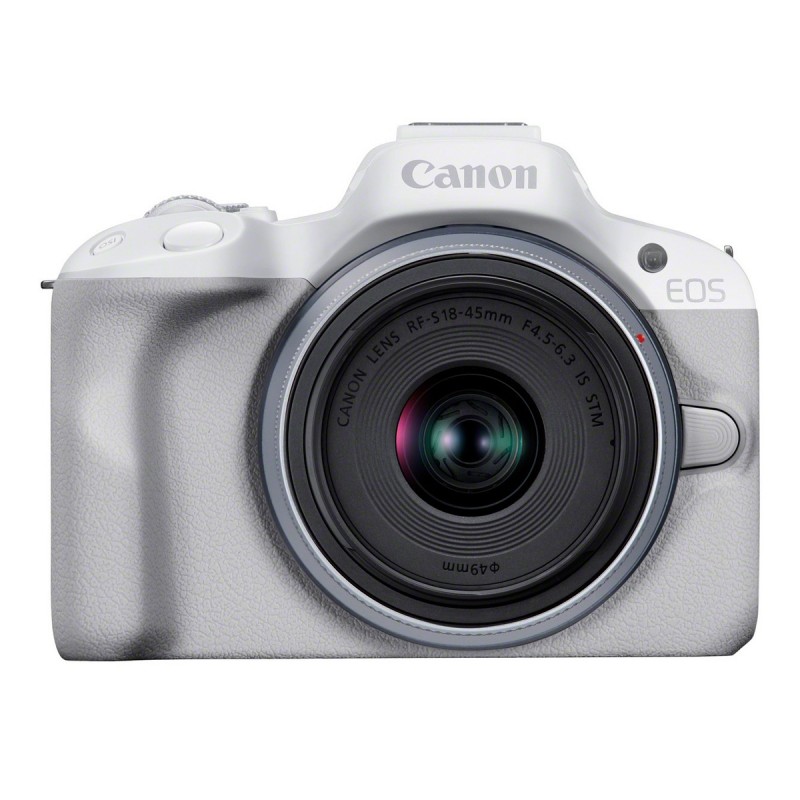 Canon EOS R50 spiegellose APS-C-Systemkamera in Weiß mit Objektiv in Frontansicht