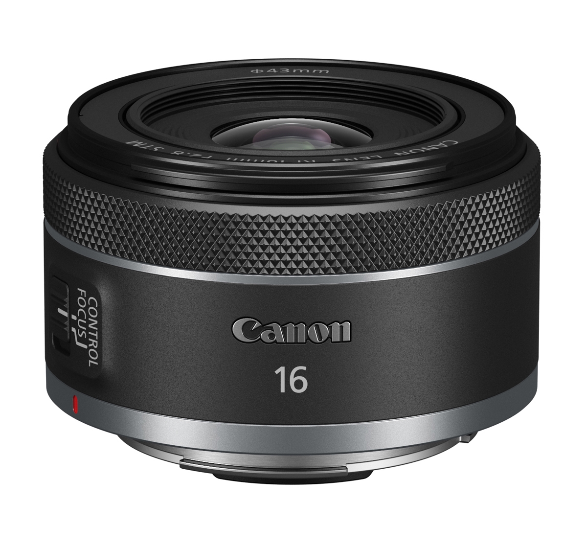 Schwarzes Canon RF 16-mm-Festbrennweitenobjektiv mit sichtbarer Frontlinse, geriffeltem Einstellring und silberfarbenem Bajonett vor weißem Hintergrund.