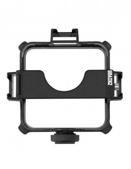 Der leere, schwarze Zhiyun Fiveray M20 / M20C Erweiterungsrahmen (Extension Bracket) in der Frontansicht vor einem weißen Hintergrund. Die quadratische Rahmenhalterung verfügt an den vier Ecken über gummierte Schutzelemente. Ein horizontaler, schwarzer Be