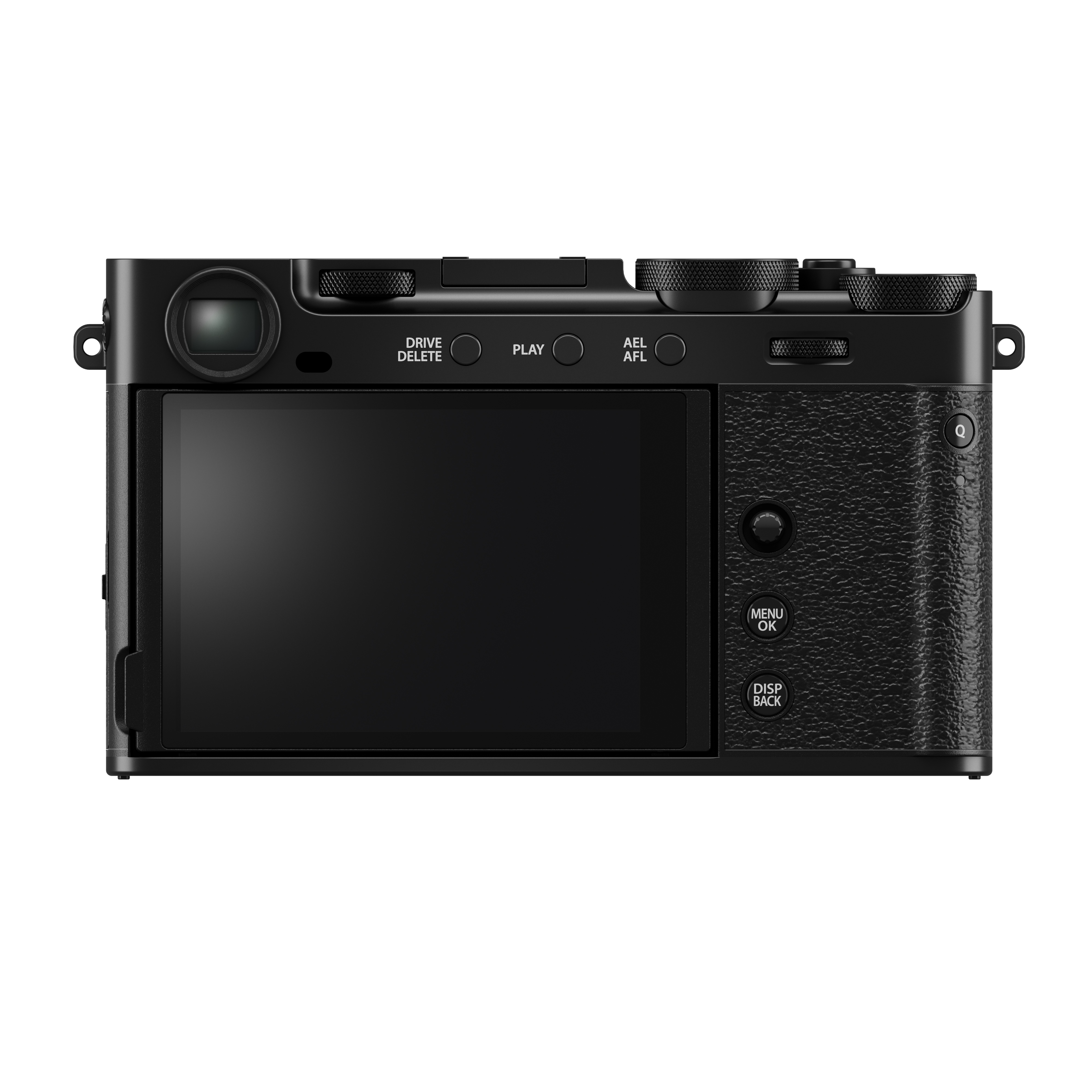 Rückansicht einer komplett schwarzen Fujifilm X-E5 Systemkamera vor weißem Hintergrund mit geschlossenem LCD-Bildschirm, elektronischem Sucher (EVF), strukturiertem Handgriff und physischen Tasten zur Menüsteuerung.