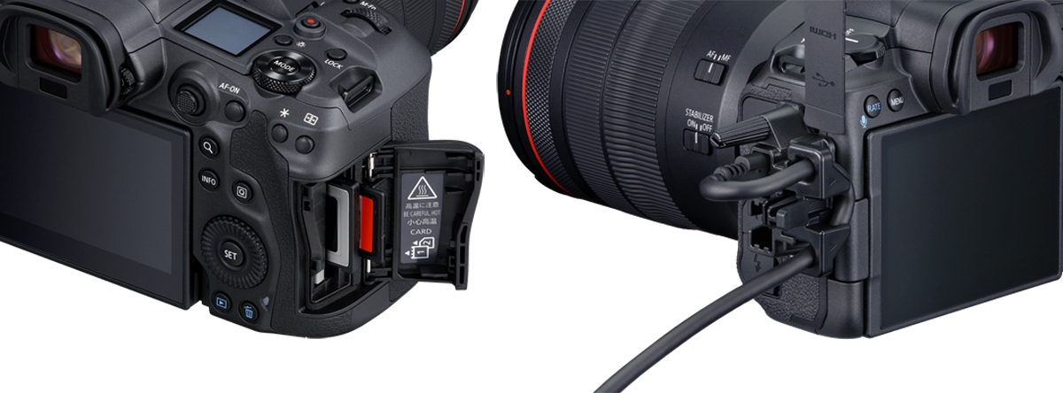 Canon EOS R5 Systemkamera – Detailansicht mit geöffnetem Kartenfach und angeschlossenem Kabel