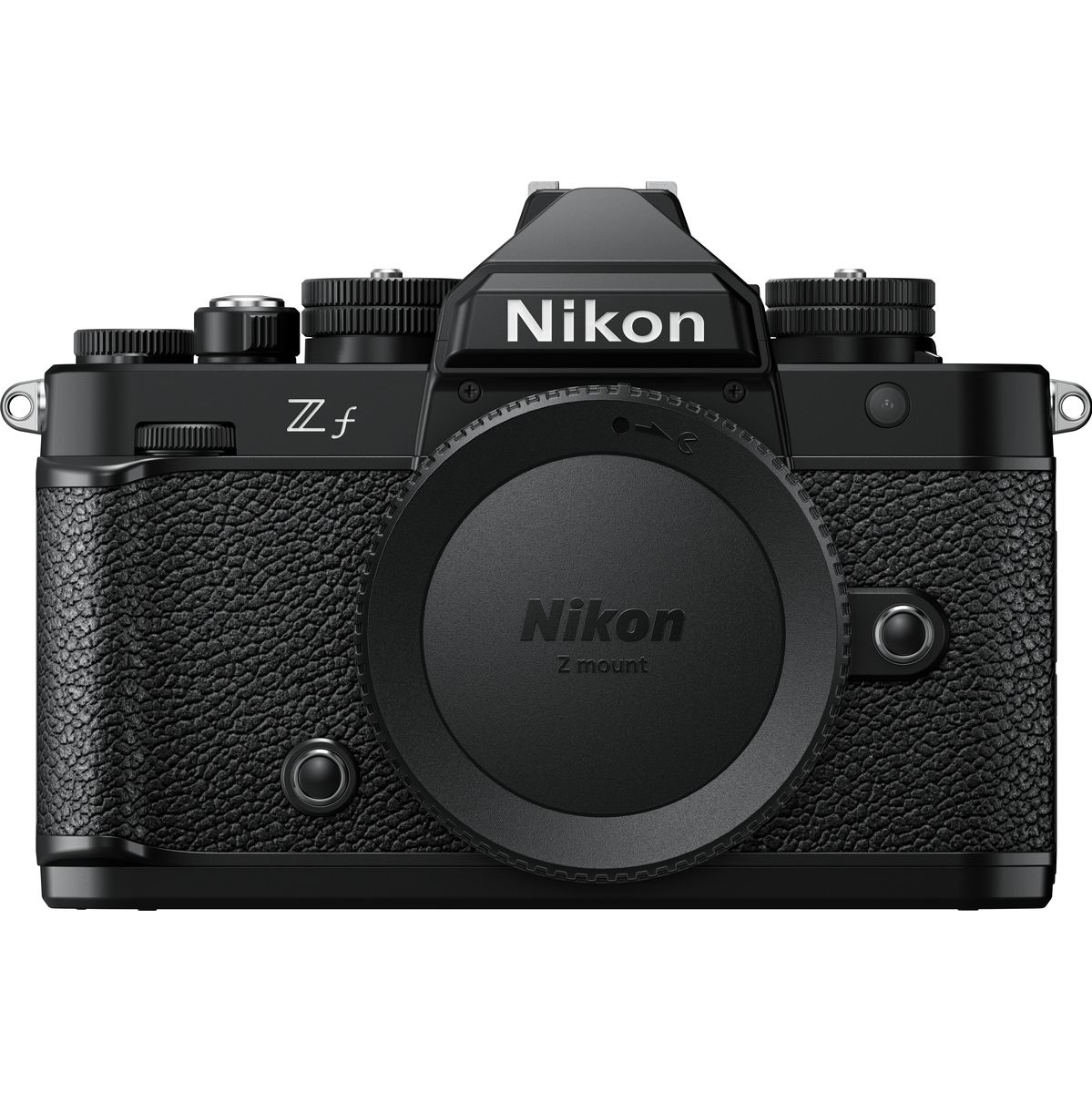 Direkte Frontansicht eines schwarzen Nikon Z f Systemkamera-Gehäuses vor weißem Hintergrund mit aufgesetztem Nikon Z-mount Gehäusedeckel, markantem Retro-Sucherhügel und der weißen Z f-Modellprägung auf der linken Gehäuseseite.
