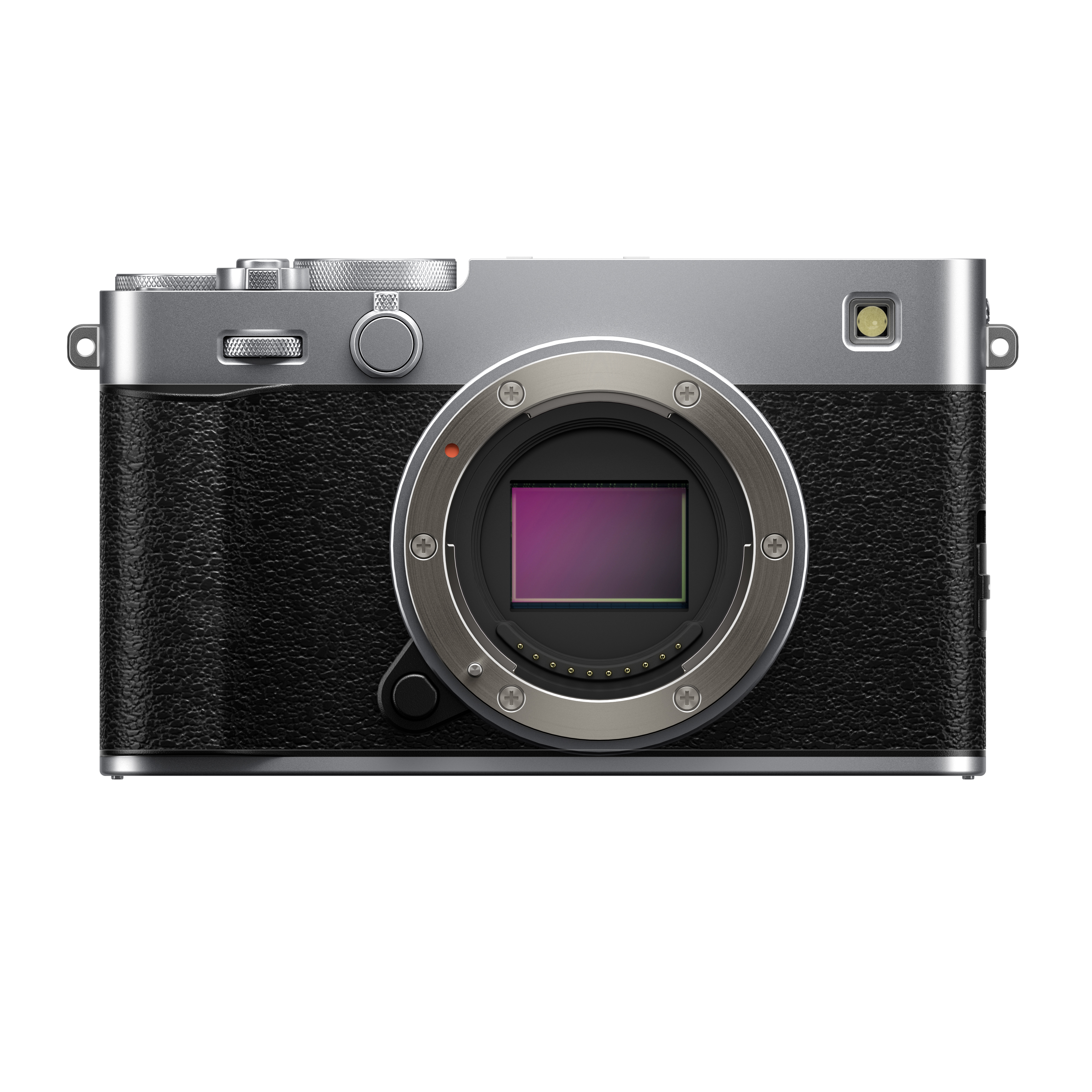 Silber-schwarze Fujifilm X-E5 spiegellose Systemkamera in der direkten Frontalansicht ohne Objektiv vor weißem Hintergrund, mit freigestelltem APS-C-Bildsensor, dem silbernen X-Bajonettanschluss, Sucherfenster und integriertem Blitz.