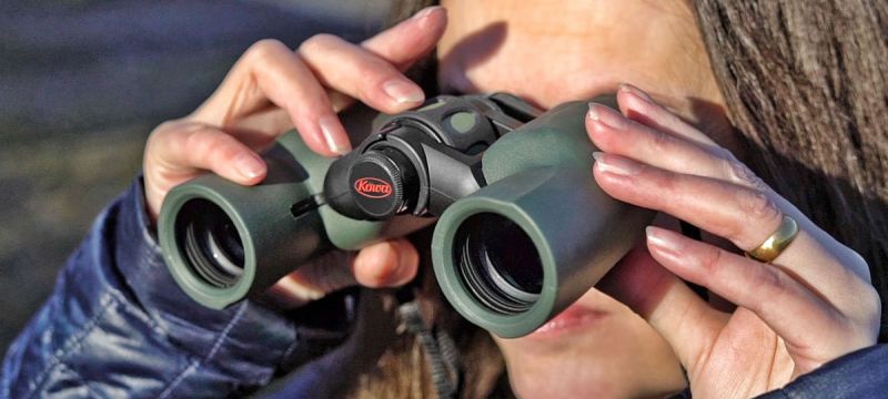 Eine Nahaufnahme einer Frau, die ein olivgrünes Kowa YF II Porro-Prismen-Fernglas dicht an ihre Augen hält, um die Natur zu beobachten. Ihre Hände umschließen die ergonomisch geformten und gummiarmierte Gehäuseseiten. Auf der zentralen Brücke des Fernglas