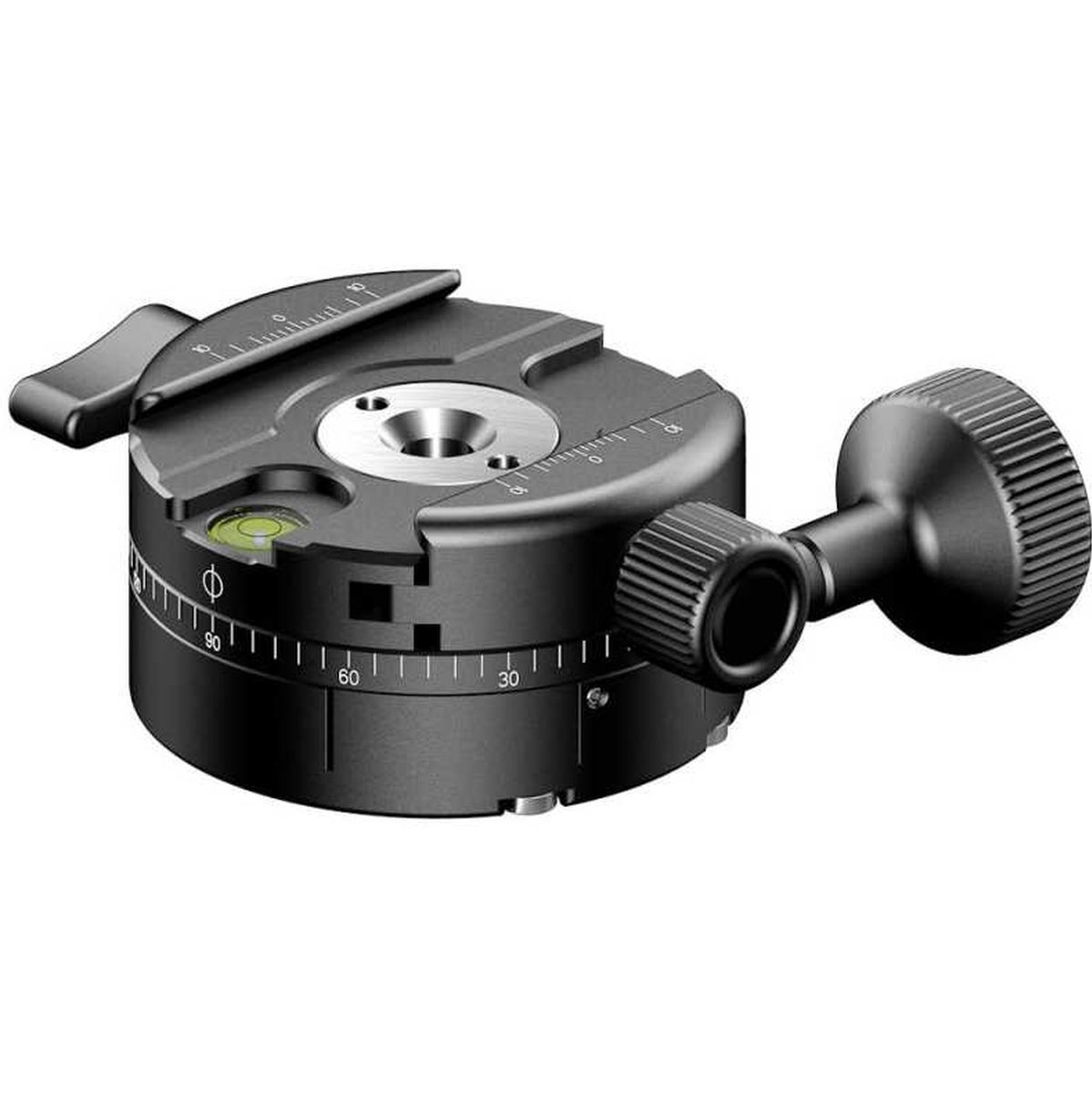 Eine schwarze, runde Sunwayfoto Panoramaklemme aus Metall (die obere Klemme des GC-01 Getriebeneigers) in der Schrägansicht von oben vor weißem Hintergrund mit integrierter Libelle (Wasserwaage), einer Arca-Swiss-kompatiblen Schnellwechselbasis, einer fei