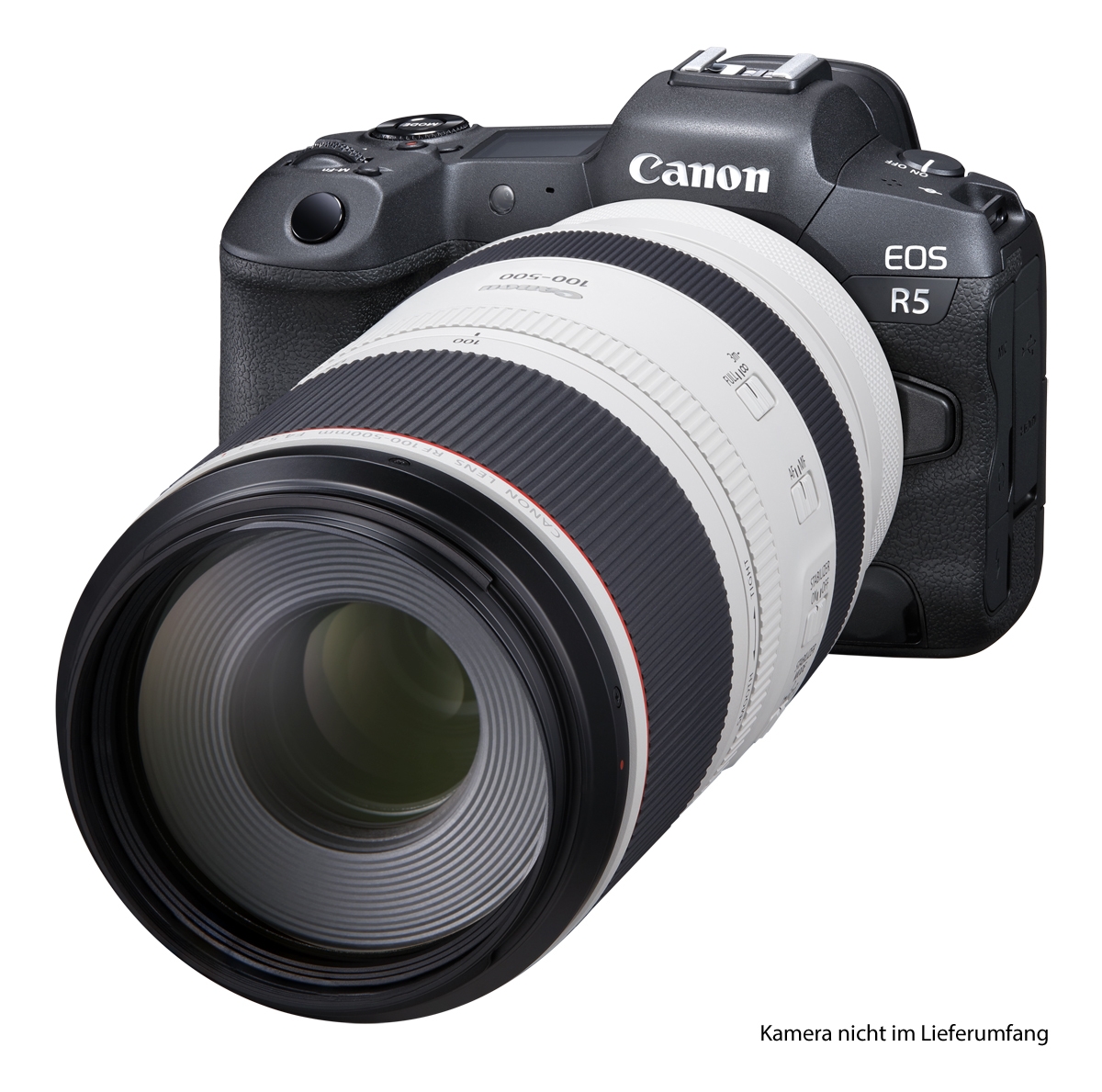 Canon RF 100-500mm L IS USM Telezoom-Objektiv an Canon EOS R5 – schräge Frontansicht