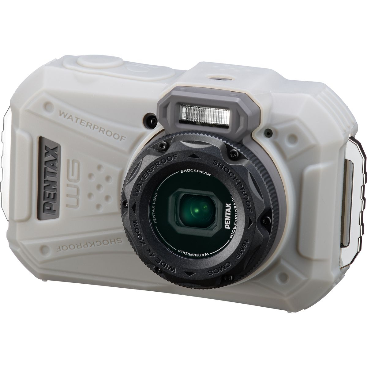Robuste weiß-graue PENTAX WG-90 Outdoor-Kompaktkamera mit integriertem Blitz und zentralem Objektiv vor weißem Hintergrund.