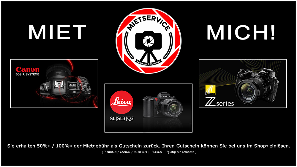 Schwarze Werbegrafik für den „Mietservice“ mit Kameras von Canon, Leica und Nikon. Der Schriftzug „MIET MICH!“ steht groß im Bild. Beworben wird die Kameramiete mit Rückerstattung von 50 % bzw. 100 % der Mietgebühr als Gutschein für den Shop.