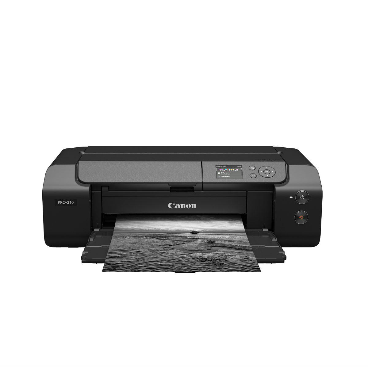 Schwarzer Canon Fotodrucker beim Ausgeben eines großformatigen Schwarzweiß-Fotodrucks, frontal auf weißem Hintergrund.
