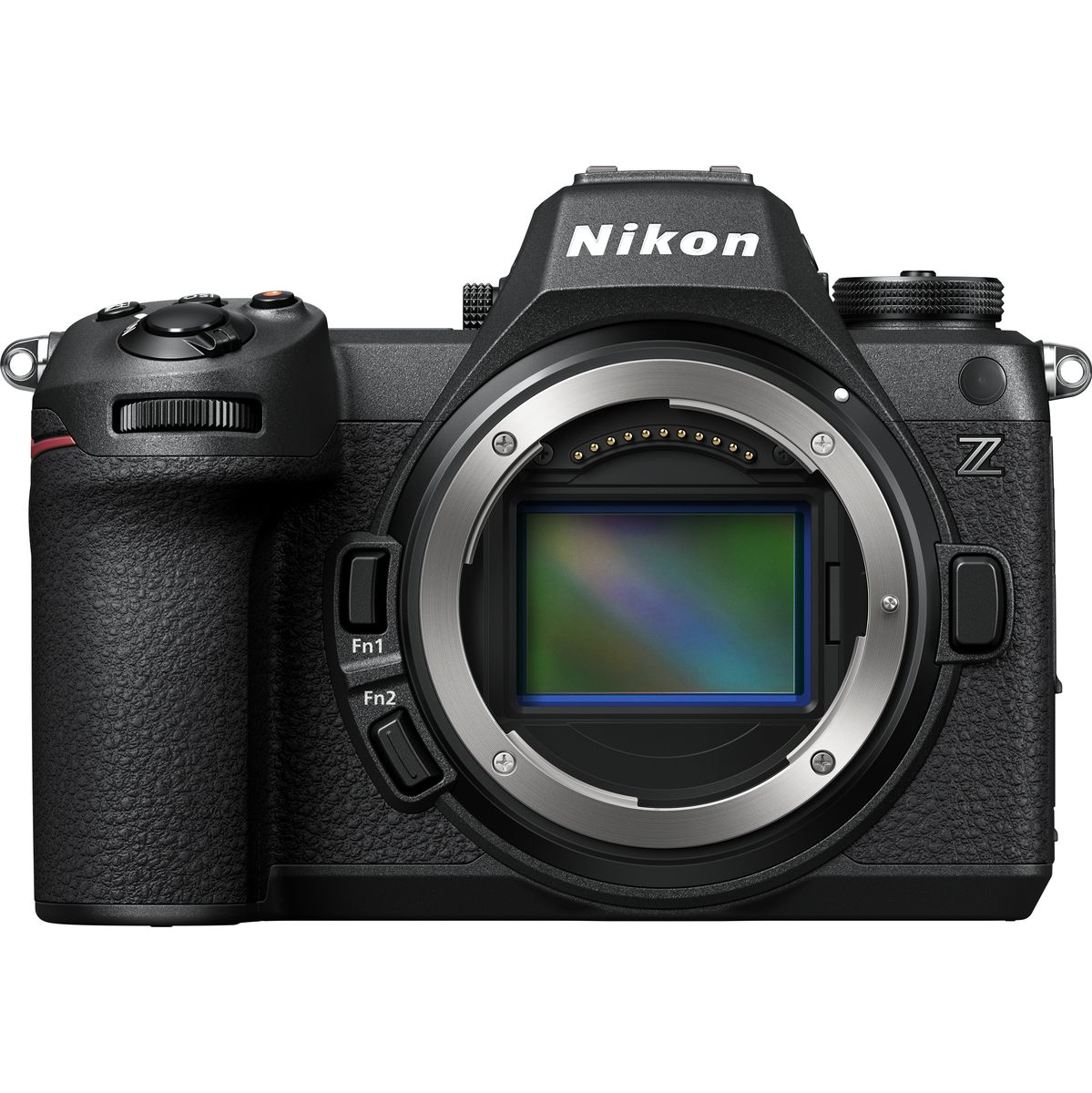 Direkte Frontansicht eines schwarzen Nikon Z6 II Systemkamera-Gehäuses vor weißem Hintergrund ohne montiertes Objektiv, mit freiem Blick auf das große Nikon Z-Bajonett, den freiliegenden Vollformat-Bildsensor und die zwei programmierbaren Fn1- und Fn2-Tas