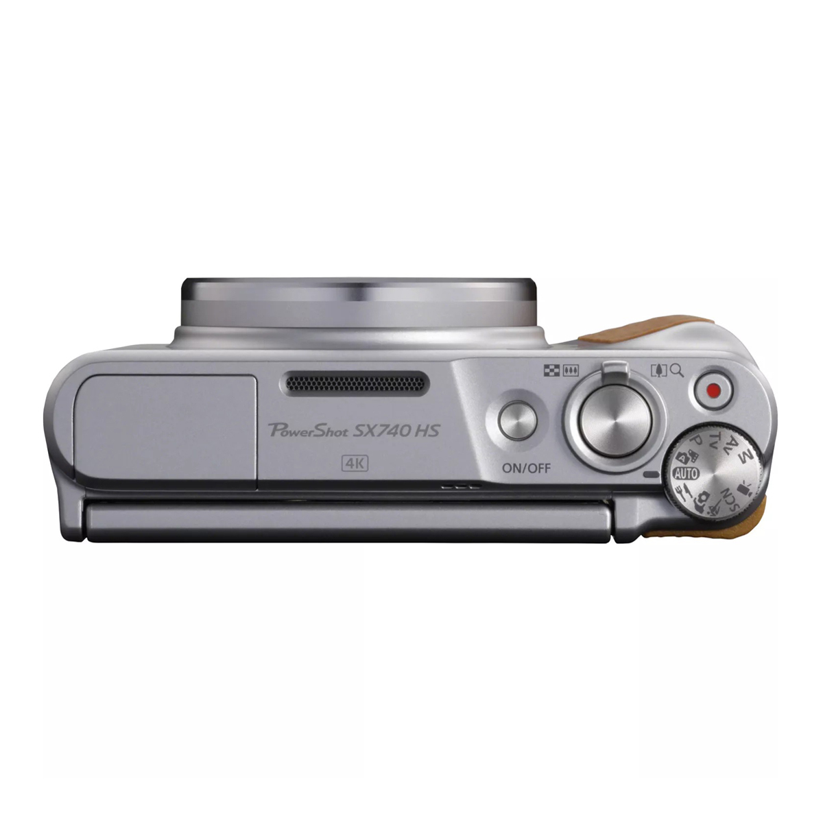 Canon PowerShot SX740 HS Kompaktkamera in Silber, Ansicht von oben mit Bedienelementen, Auslöser und Moduswahlrad auf weißem Hintergrund.