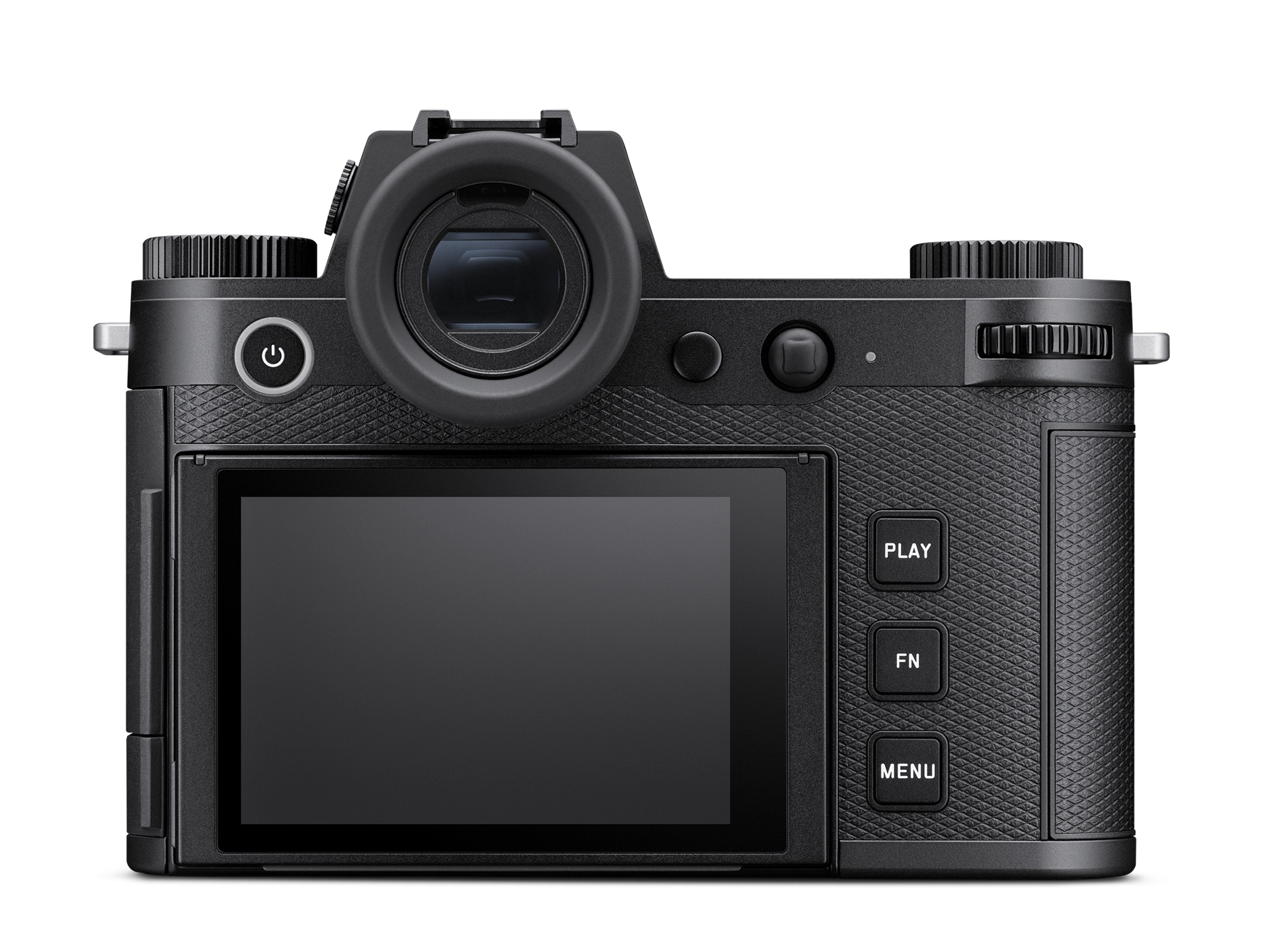 Die komplette Rückansicht der Leica SL3-S Vollformat-Systemkamera vor weißem Hintergrund mit direktem Blick auf das große, zentrierte Klappdisplay, das neu gestaltete Tasten-Layout mit den quadratischen Tasten „PLAY“, „FN“ und „MENU“ auf der rechten Seite