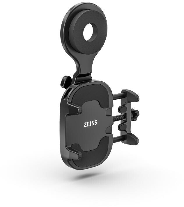 Ein verstellbarer, schwarzer Smartphone-Adapter der Marke ZEISS für optische Geräte. Die Halterung verfügt über verstellbare Klemmen an der Seite zur Fixierung des Mobiltelefons und einen kreisförmigen Aufsatz an der Oberseite, der über dem Okular eines F