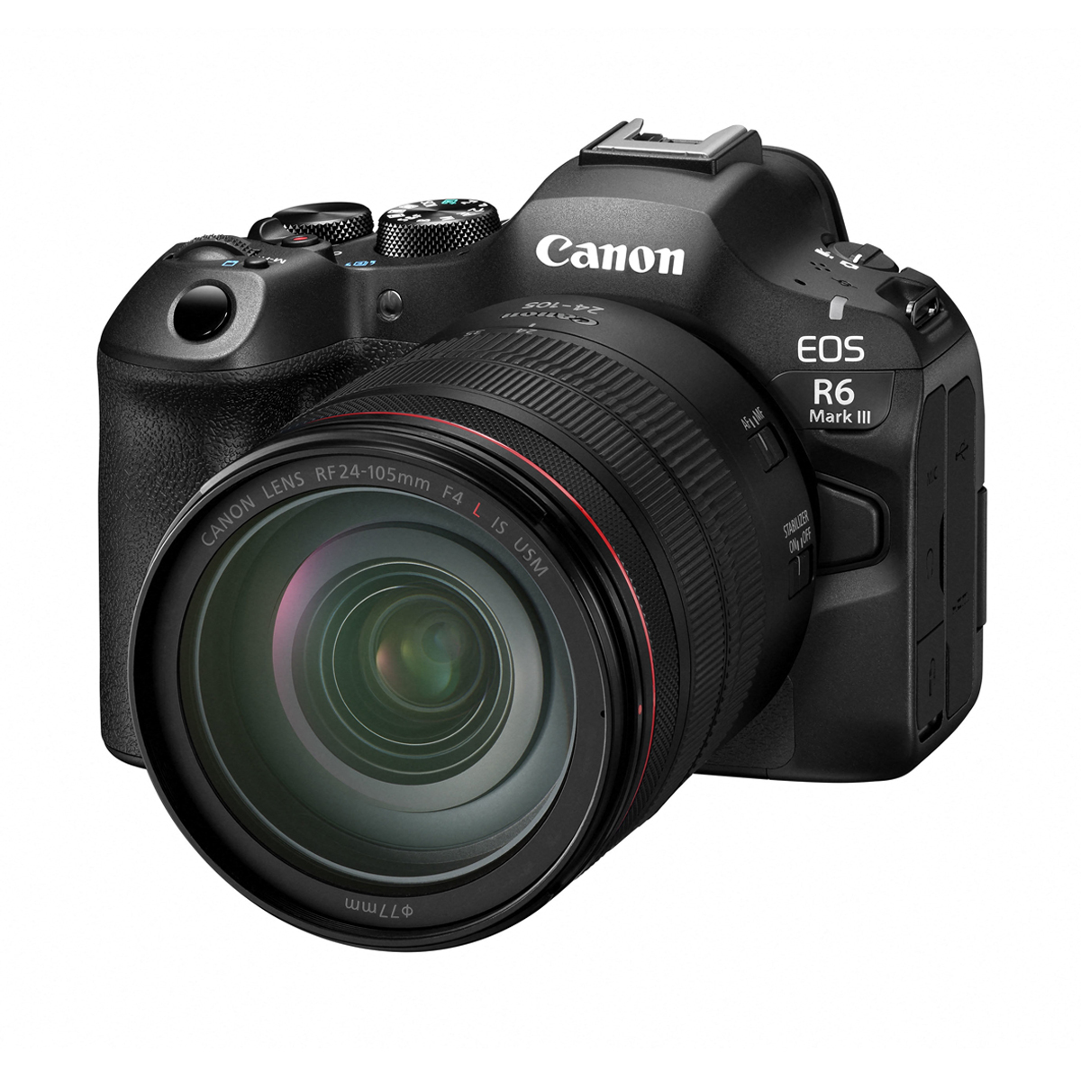 Schräge Frontansicht der Canon EOS R6 Mark II spiegellosen Systemkamera mit angesetztem Canon RF 24-105mm f/4 L IS USM Zoomobjektiv vor weißem Hintergrund.